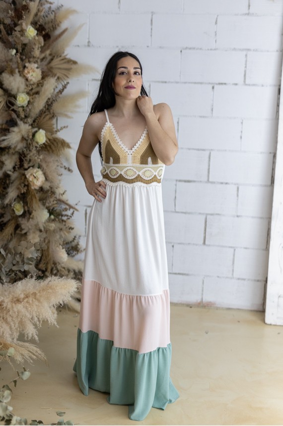 Vestido Largo Algodón con Ganchillo y Tirantes