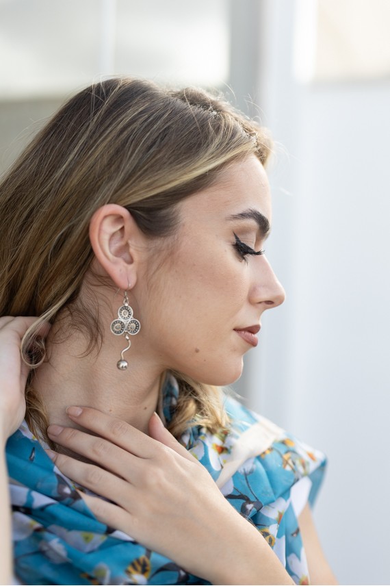 Pendientes Plata Trébol Tres Círculos Bola Colgante