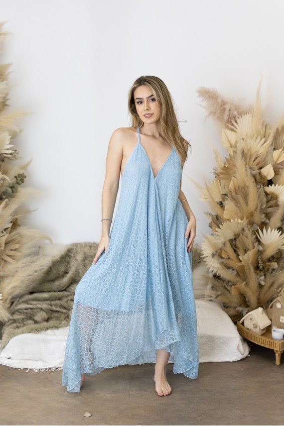 Vestido Largo Asimétrico de Algodón Calado Azul Agua