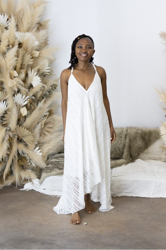 Vestido Largo Asimétrico de Algodón Calado Blanco