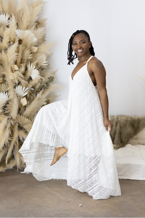 Vestido Largo Asimétrico de Algodón Calado Blanco