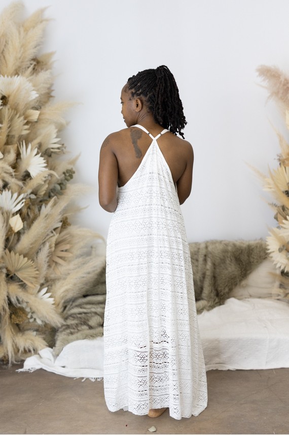 Vestido Largo Asimétrico de Algodón Calado Blanco