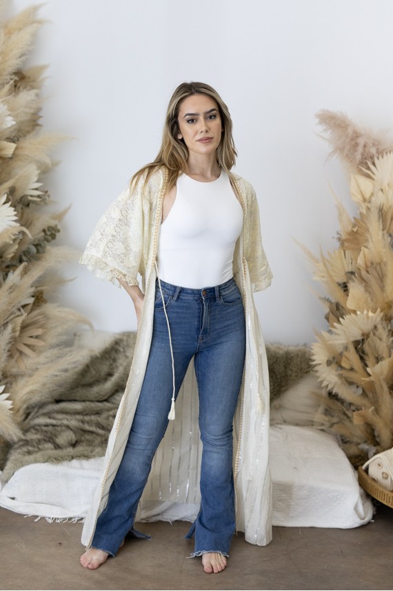 Kimono Kaftán Largo de Algodón con Bordado de Cáñamo Beige