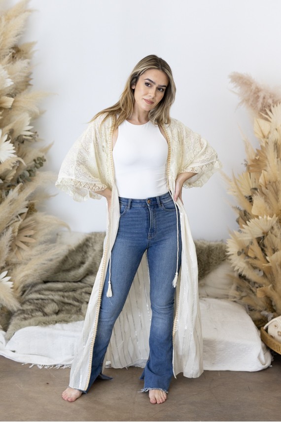 Kimono Kaftán Largo de Algodón con Bordado de Cáñamo Beige