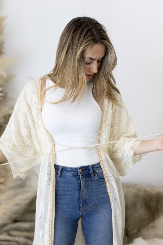Kimono Kaftán Largo de Algodón con Bordado de Cáñamo Beige
