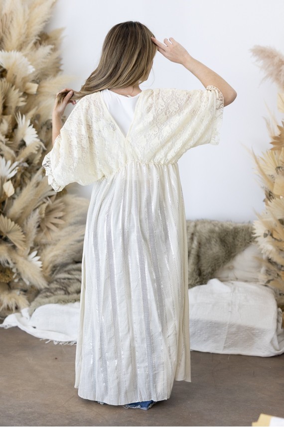 Kimono Kaftán Largo de Algodón con Bordado de Cáñamo Beige