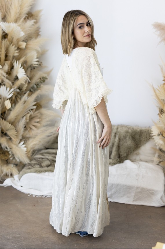 Kimono Kaftán Largo de Algodón con Bordado de Cáñamo Beige