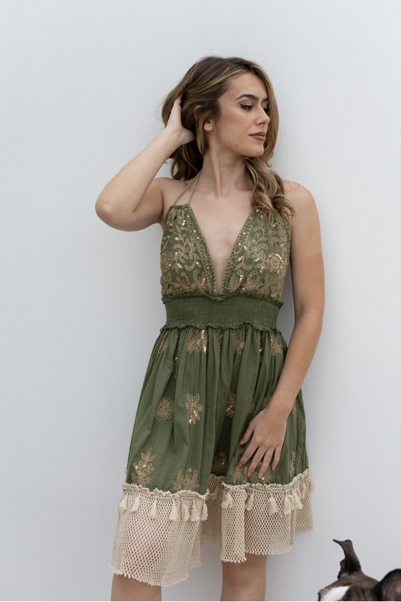 Vestido Corto Algodón Verde Bordados Dorados