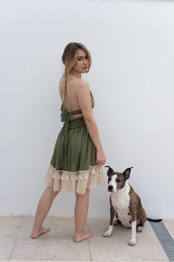 Vestido Corto Algodón Verde Bordados Dorados