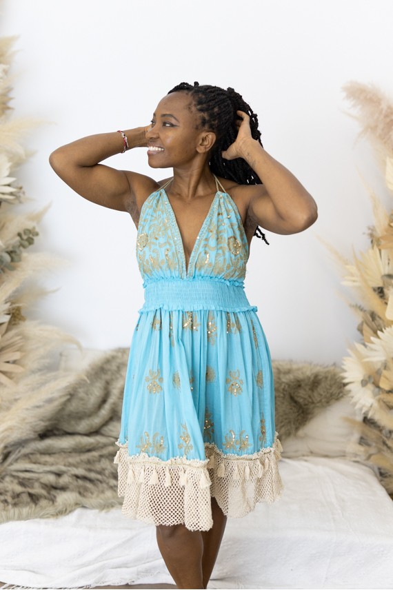 Vestido Corto Algodón Azul Turquesa Bordados Dorados