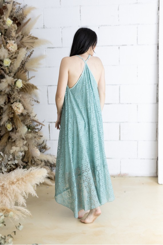 Vestido Largo Asimétrico Algodón Calado Verde