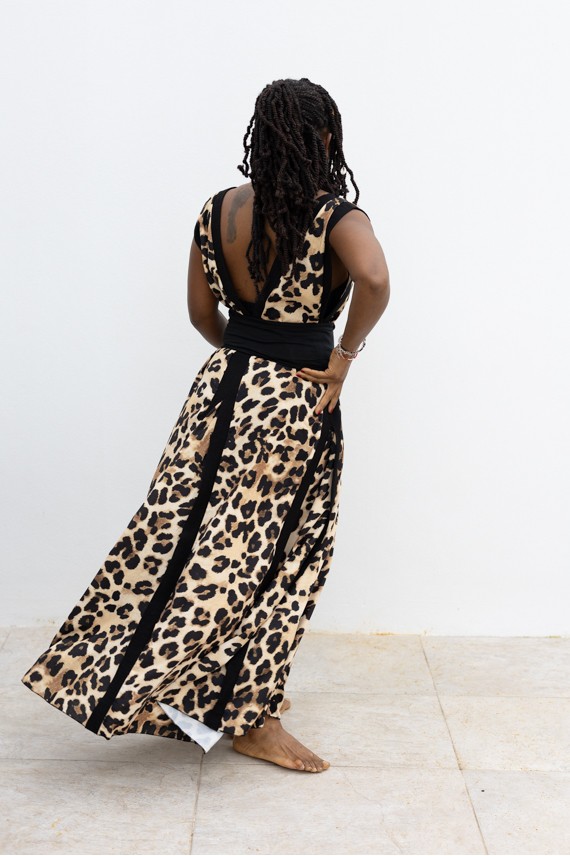 Vestido Largo Oversize Animal Print Escote en V y Bandeau Negro