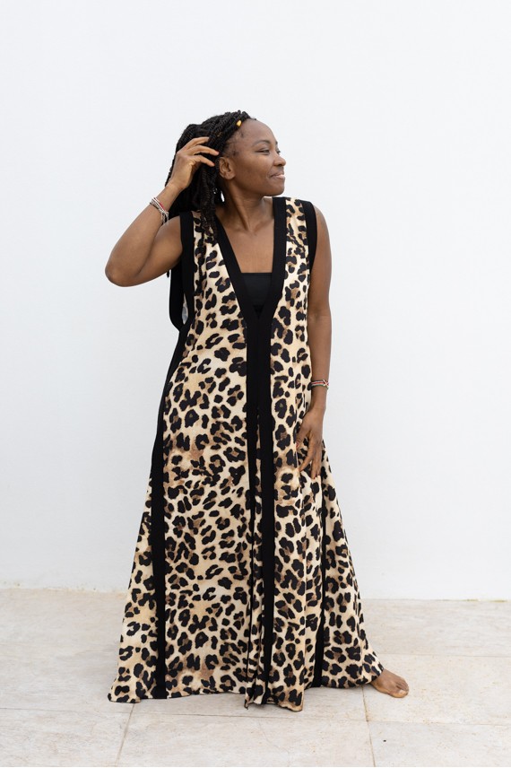 Vestido Largo Oversize Animal Print Escote en V y Bandeau Negro