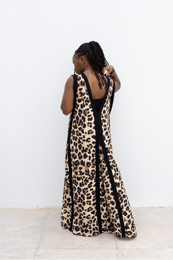Vestido Largo Oversize Animal Print Escote en V y Bandeau Negro