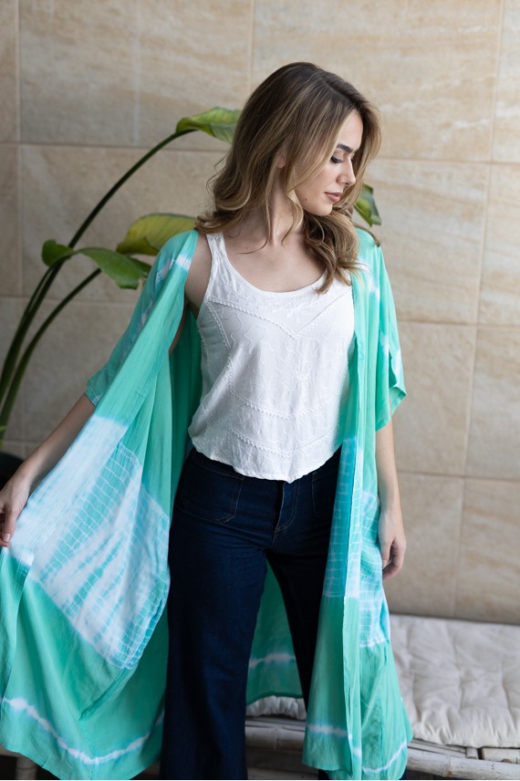 Kimono Largo Tie-Dye Viscosa Verde Agua