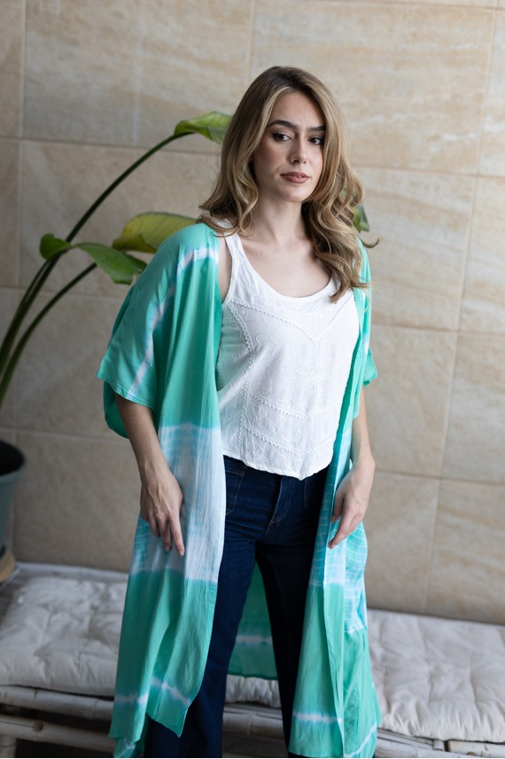 Kimono Largo Tie-Dye Viscosa Verde Agua