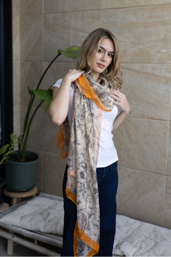 Fular Seda y Viscosa Beige Floral Ribete Naranja