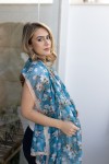 Fular Seda y Viscosa Azul Floral Ribete Beige