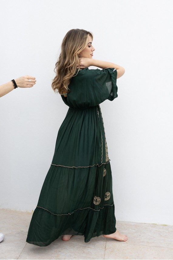 Vestido Largo Invitada Verde Oliva Bordado Dorado