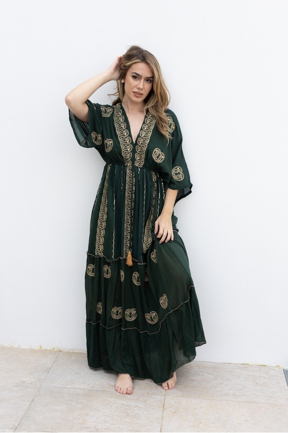 Vestido Largo Invitada Verde Oliva Bordado Dorado