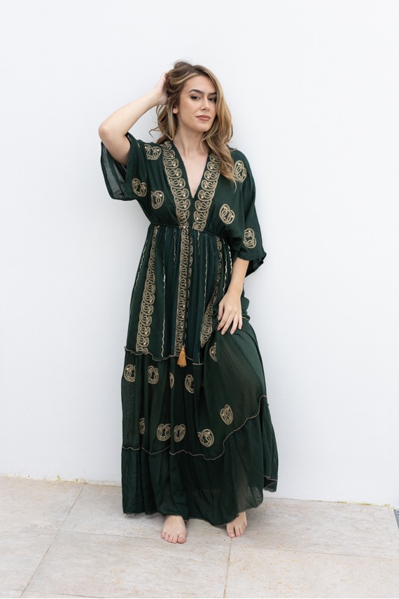 Vestido Largo Invitada Verde Oliva Bordado Dorado