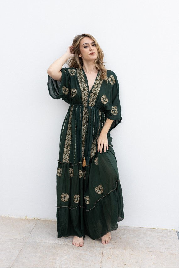 Vestido Largo Invitada Verde Oliva Bordado Dorado