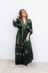 Vestido Largo Invitada Verde Oliva Bordado Dorado
