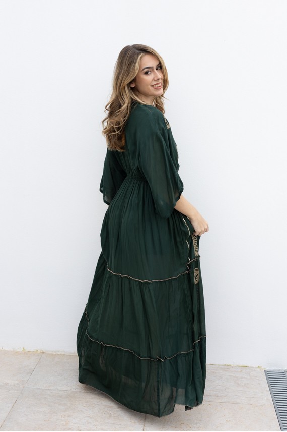 Vestido Largo Invitada Verde Oliva Bordado Dorado