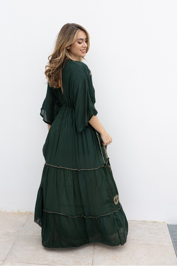 Vestido Largo Invitada Verde Oliva Bordado Dorado