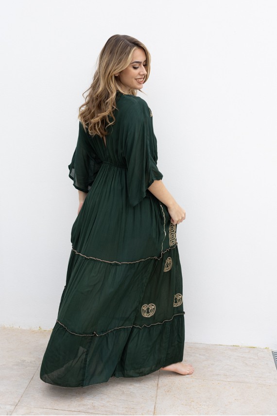 Vestido Largo Invitada Verde Oliva Bordado Dorado