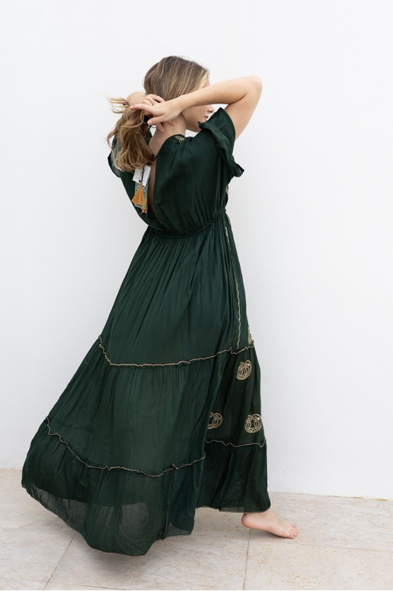 Vestido Largo Invitada Verde Oliva Bordado Dorado