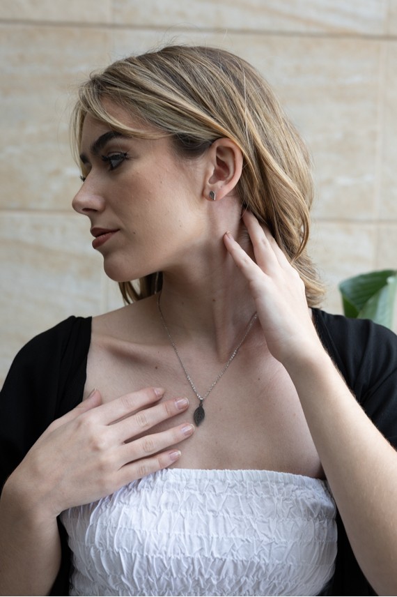 Conjunto Acero Pendientes y Colgante Leaf