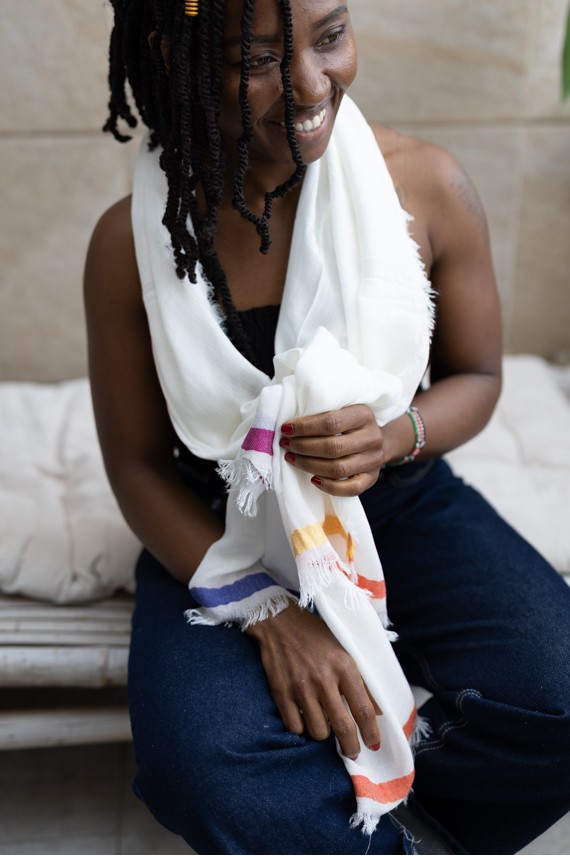 Pañuelo Foulard Modal Blanco Roto Bandas Multicolor