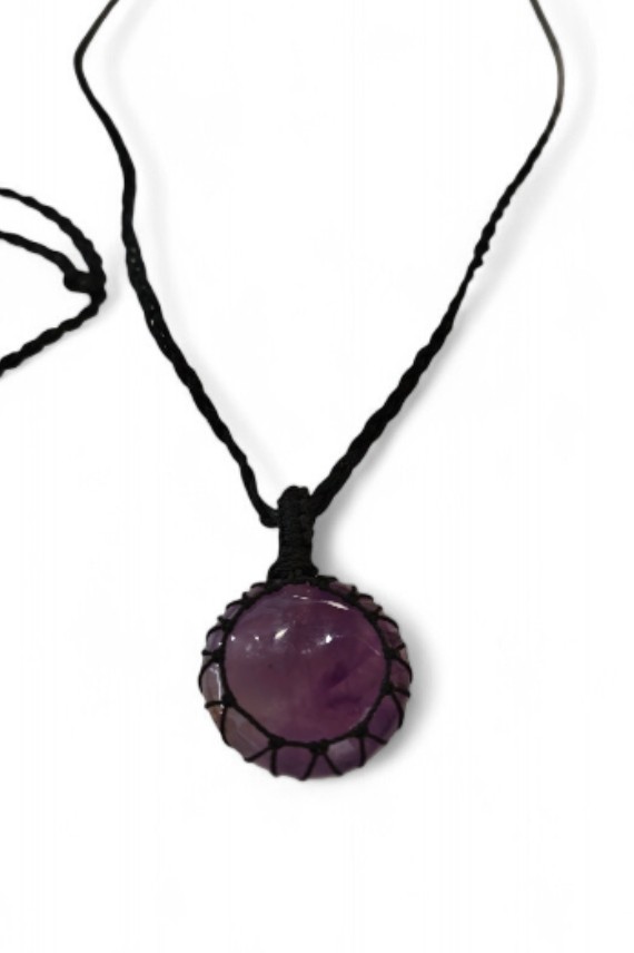 Collar Piedra Amatista Redonda Hilo Encerado Negro