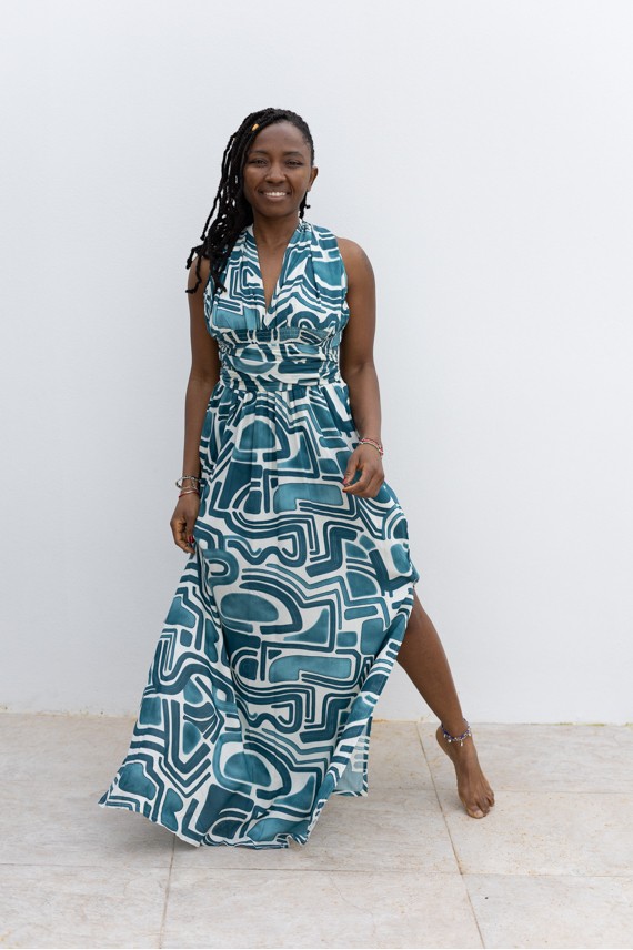 Vestido Largo Multiposición Azul Viscosa Estampado Graffiti