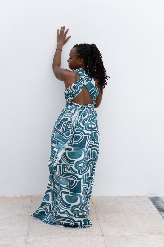 Vestido Largo Multiposición Azul Viscosa Estampado Graffiti