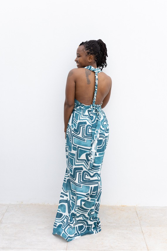 Vestido Largo Multiposición Azul Viscosa Estampado Graffiti