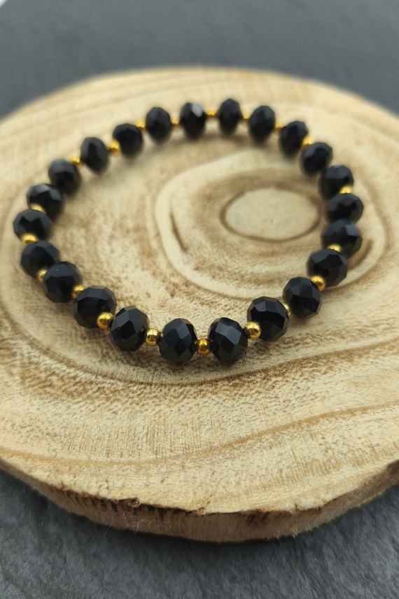 Pulsera Turmalina  Negra y Cuentas Doradas