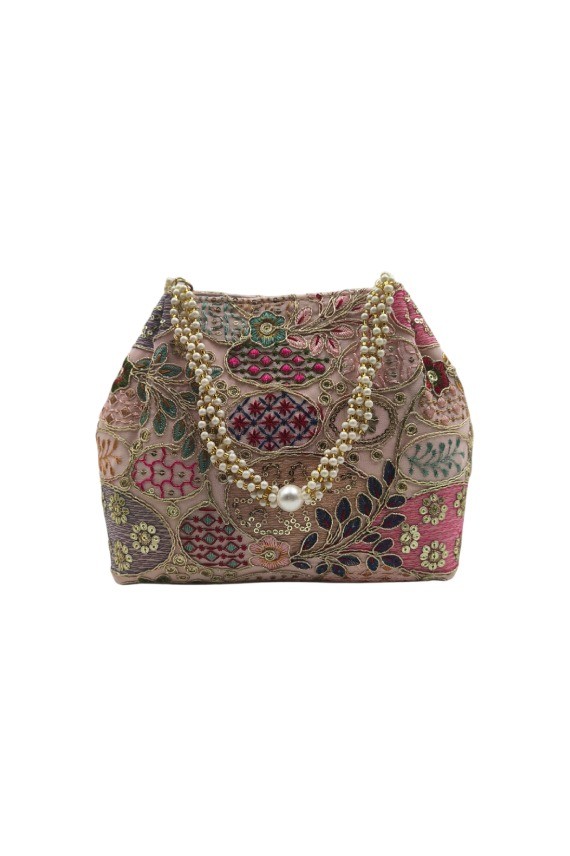 Bolso Bombonera Boho Rosa Bordado Perlas