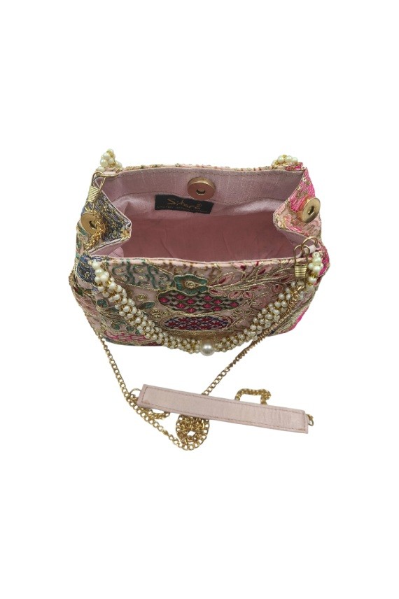 Bolso Bombonera Boho Rosa Bordado Perlas