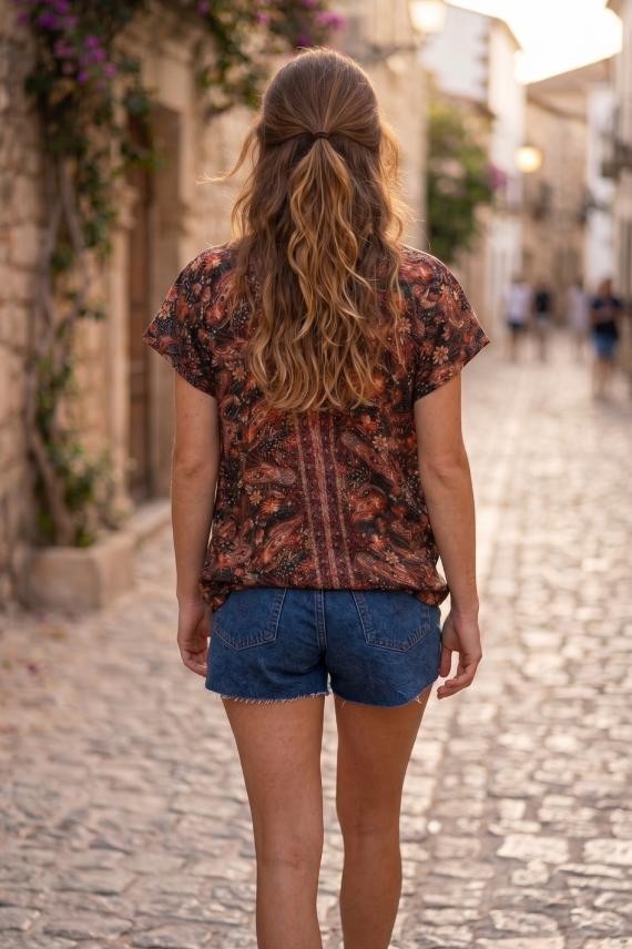 Blusa Poliester Estampado Floral Paisley