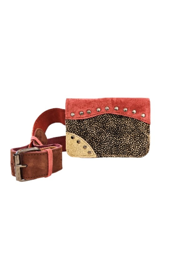Riñonera Lizbetli Piel Patchwork Beige y Frambuesa Topos By Soruka