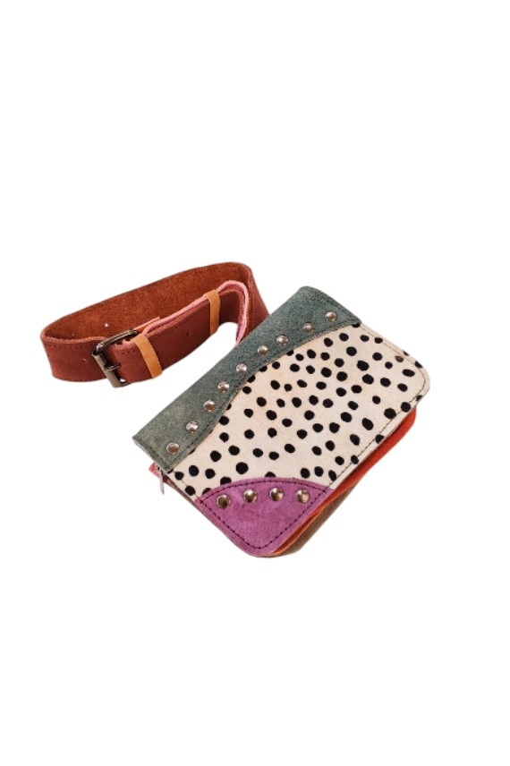 Riñonera Lizbetli Soruka Piel Patchwork Kaki Violeta Topos