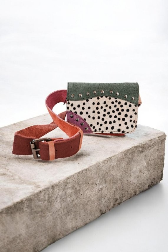 Riñonera Lizbetli Soruka Piel Patchwork Kaki Violeta Topos