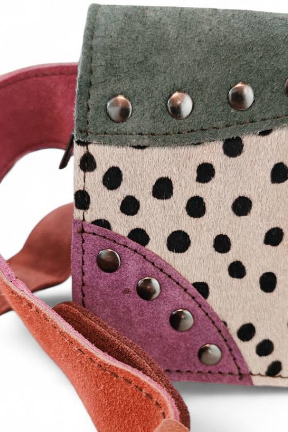Riñonera Lizbetli Soruka Piel Patchwork Kaki Violeta Topos