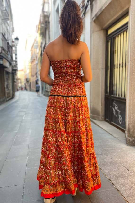 Vestido largo palabra de honor Fuego Bohemio Rojo