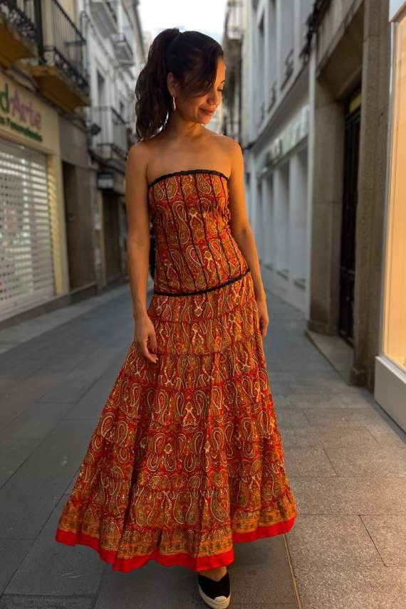 Vestido largo palabra de honor Fuego Bohemio Rojo