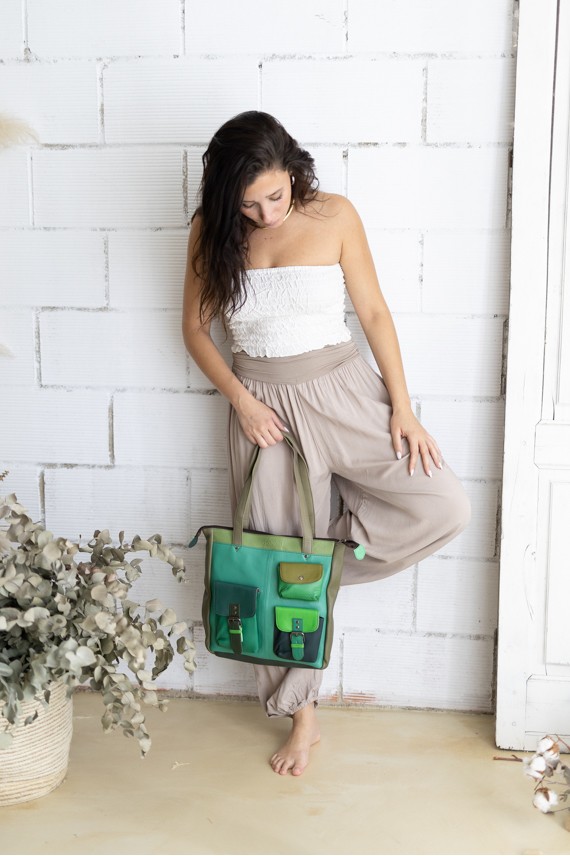 Bolso Mochila Soruka Ellie en Piel Verde Patchwork