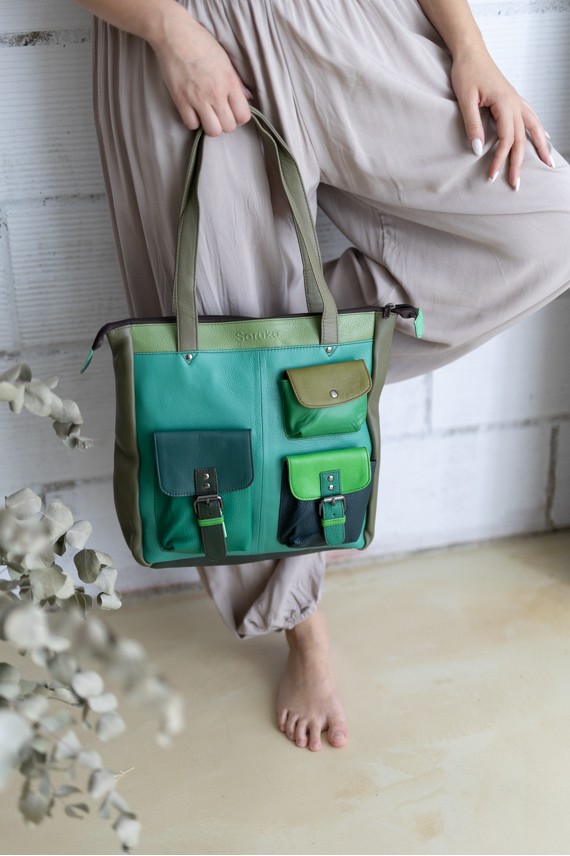 Bolso Mochila Soruka Ellie en Piel Verde Patchwork