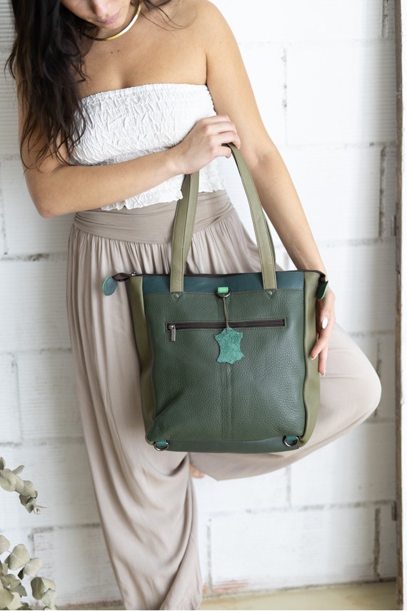Bolso Mochila Soruka Ellie en Piel Verde Patchwork